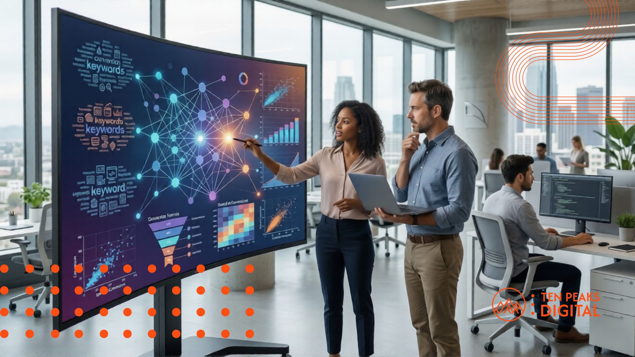 Digital marketers analyzing AI data visualizations and PPC campaign metrics on a large interactive office screen.