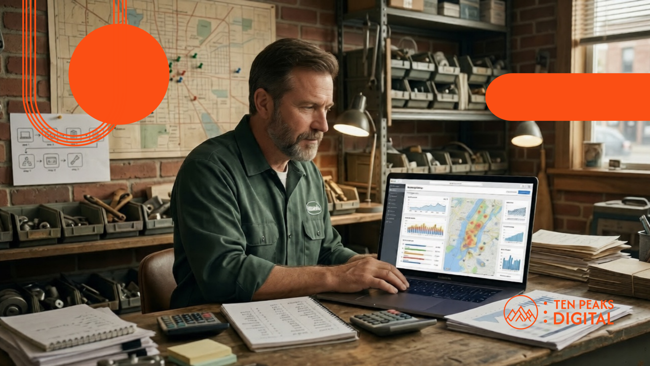 A local business owner in a workshop with a map of New York City on the wall researching keywords step-by-step on his laptop at his desk.