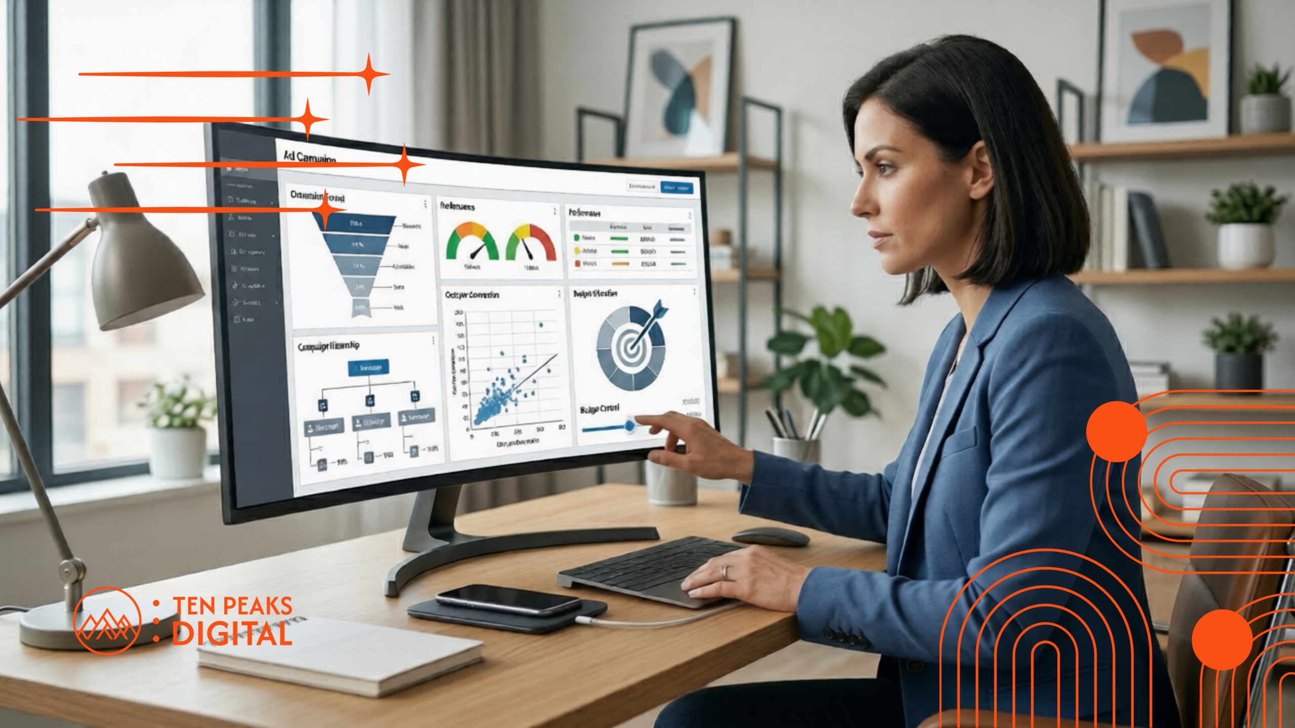 Digital marketer setting up a Google Ads campaign dashboard, pointing at budget control and conversion funnel metrics on a curved monitor in a home office.