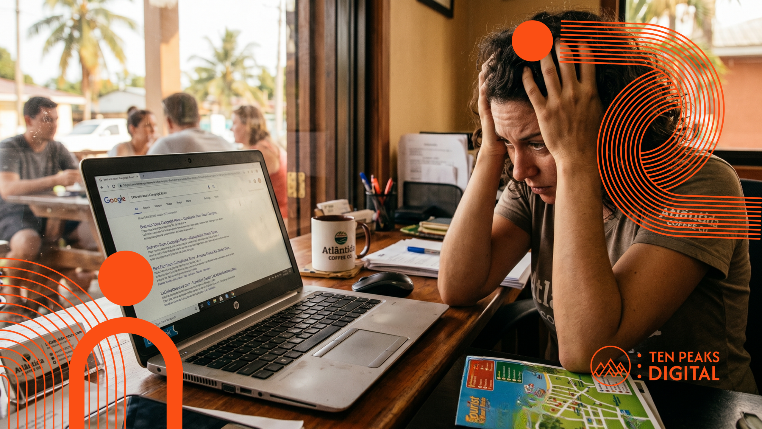A visibly frustrated small business owner holding her head and looking at a Google search results page on her laptop.