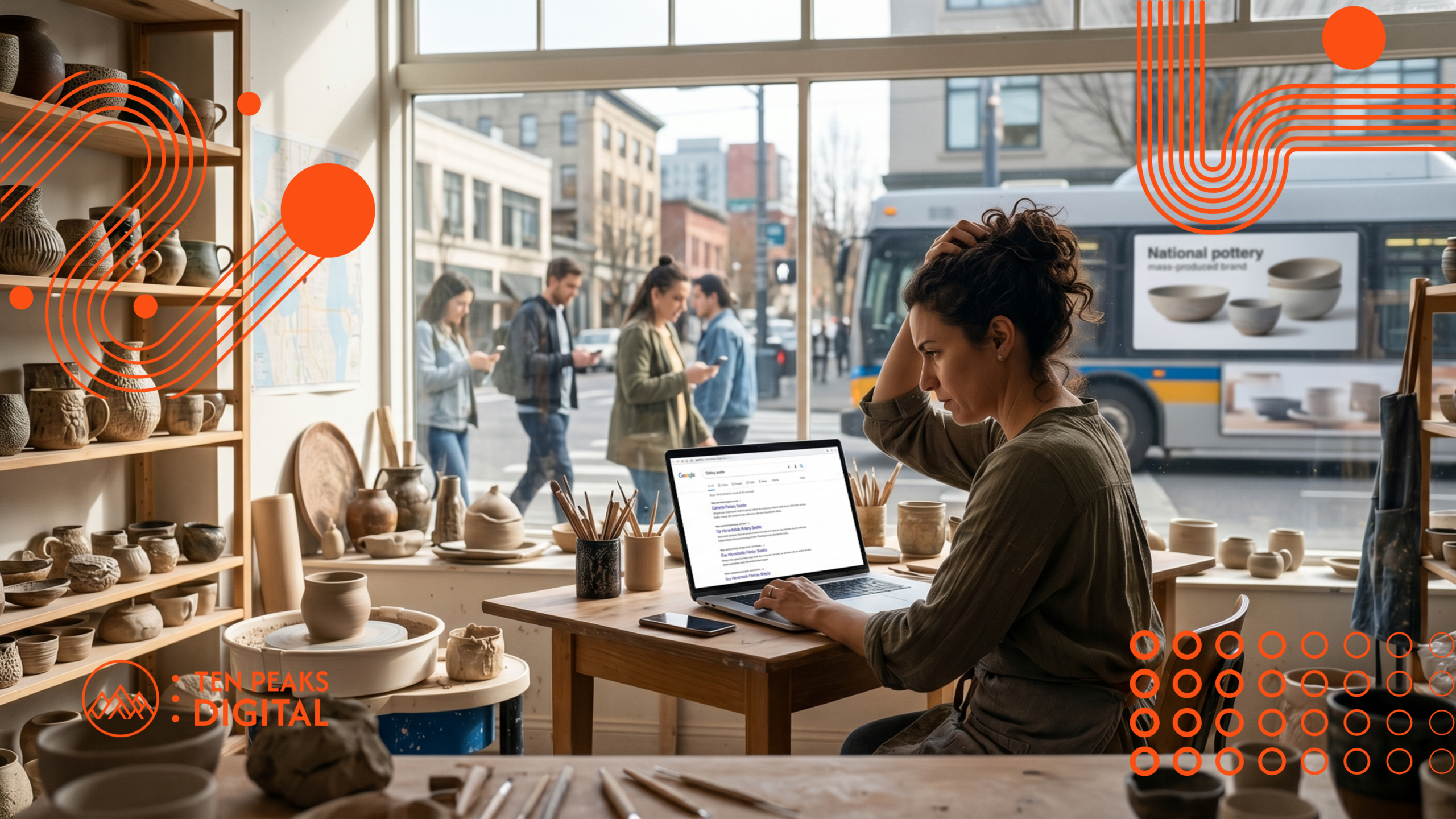A small business owner sitting in her pottery studio looking stressed at her laptop while pedestrians outside look at their phones.